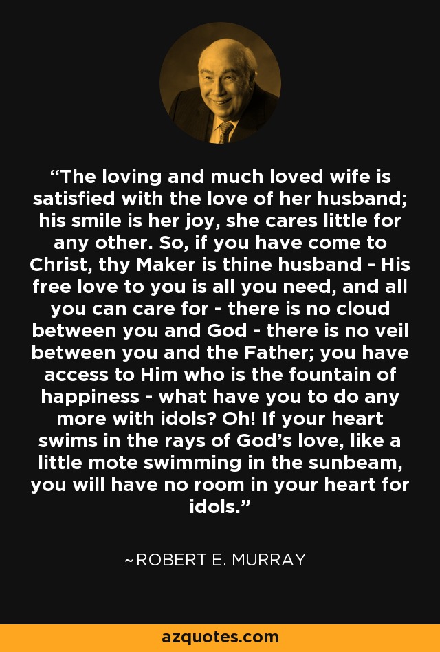 The loving and much loved wife is satisfied with the love of her husband; his smile is her joy, she cares little for any other. So, if you have come to Christ, thy Maker is thine husband - His free love to you is all you need, and all you can care for - there is no cloud between you and God - there is no veil between you and the Father; you have access to Him who is the fountain of happiness - what have you to do any more with idols? Oh! If your heart swims in the rays of God's love, like a little mote swimming in the sunbeam, you will have no room in your heart for idols. - Robert E. Murray