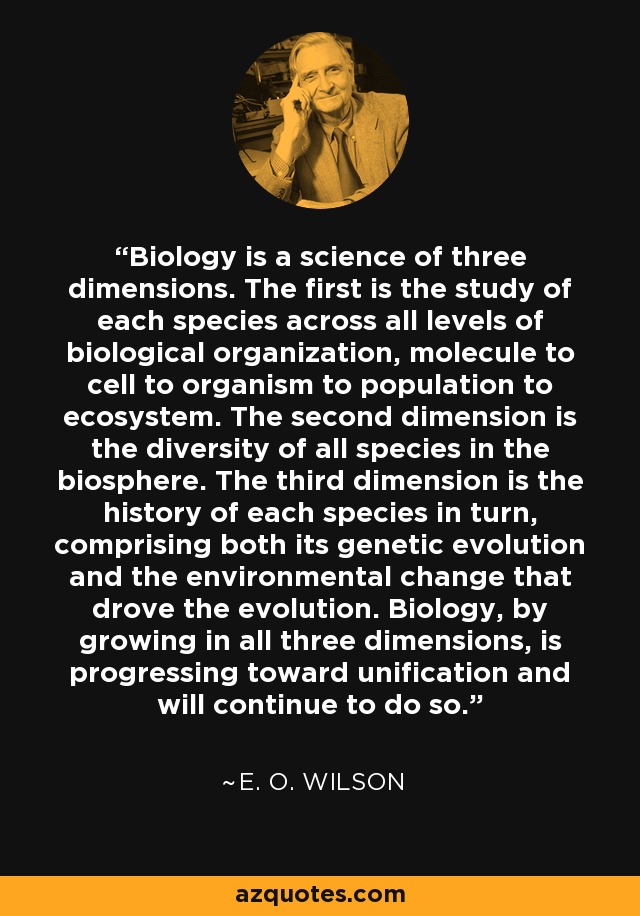 Biology is a science of three dimensions. The first is the study of each species across all levels of biological organization, molecule to cell to organism to population to ecosystem. The second dimension is the diversity of all species in the biosphere. The third dimension is the history of each species in turn, comprising both its genetic evolution and the environmental change that drove the evolution. Biology, by growing in all three dimensions, is progressing toward unification and will continue to do so. - E. O. Wilson