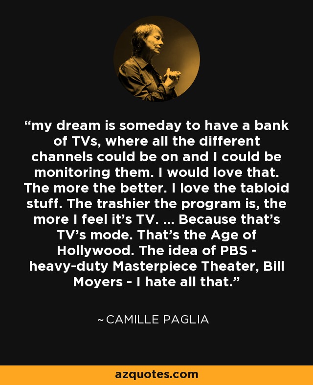 my dream is someday to have a bank of TVs, where all the different channels could be on and I could be monitoring them. I would love that. The more the better. I love the tabloid stuff. The trashier the program is, the more I feel it's TV. ... Because that's TV's mode. That's the Age of Hollywood. The idea of PBS - heavy-duty Masterpiece Theater, Bill Moyers - I hate all that. - Camille Paglia