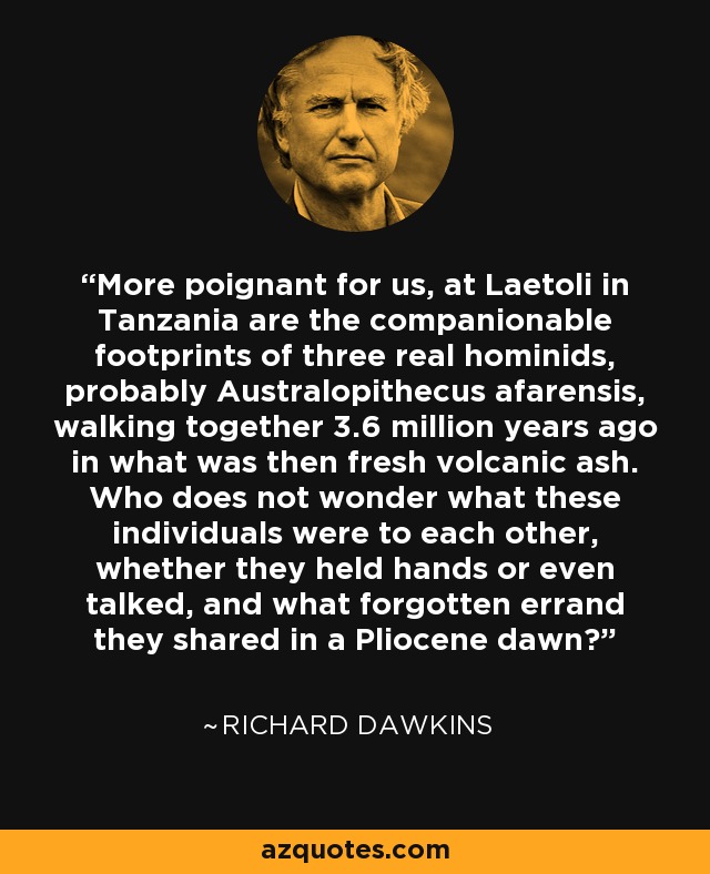 More poignant for us, at Laetoli in Tanzania are the companionable footprints of three real hominids, probably Australopithecus afarensis, walking together 3.6 million years ago in what was then fresh volcanic ash. Who does not wonder what these individuals were to each other, whether they held hands or even talked, and what forgotten errand they shared in a Pliocene dawn? - Richard Dawkins