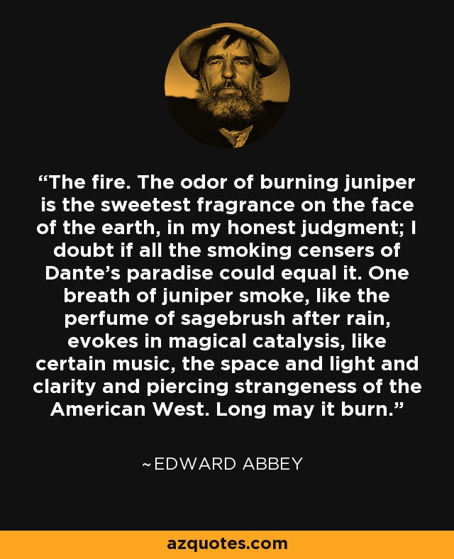 The fire. The odor of burning juniper is the sweetest fragrance on the face of the earth, in my honest judgment; I doubt if all the smoking censers of Dante's paradise could equal it. One breath of juniper smoke, like the perfume of sagebrush after rain, evokes in magical catalysis, like certain music, the space and light and clarity and piercing strangeness of the American West. Long may it burn. - Edward Abbey