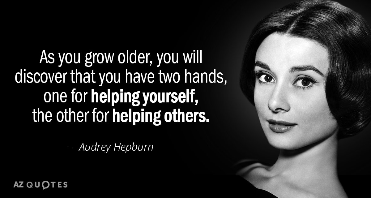Audrey Hepburn cita: A medida que crezcas, descubrirás que tienes dos manos, una...