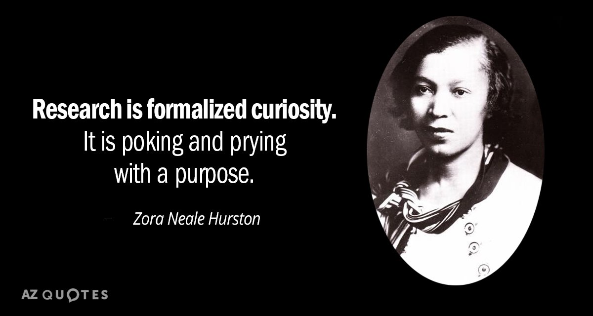 Zora Neale Hurston cita: La investigación es curiosidad formalizada. Es hurgar y curiosear con un propósito.